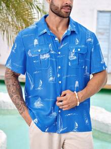 Manfinity Homme Camisa Masculina Plus Size com Colarinho Turn-Down Estilo Minimalista Impresso - Azul - Visão 1