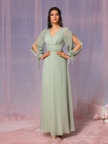 SHEIN Belle Elegante vestido verde salvia para mujer con tela fruncida de gasa, escote en V, pliegues en el pecho y la cintura, mangas largas con abertura transparente, lazo en la cintura y dobladillo en forma de A. Adecuado para bodas, festivales de música, eventos de regreso a la escuela y como vestidos de dama de honor. Tamaño estándar. - Verde - Ver 6