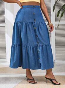 SHEIN VCAY Plus Size Casual Denim Skirt, Layered Design, Loose Fit, Blue, Perfect For Vacation - Medium Wash - View 5
