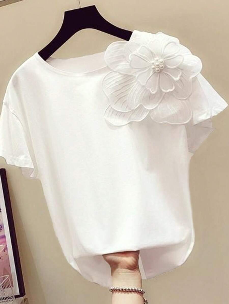 Franclia Floral Appliques Short Sleeves Tee For Summer Graphic Tees Women Tops - White - View 1