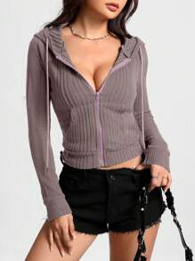 SHEIN Unity Women's Zipper Hooded Drawstring Pocket Long Sleeve Slim Fit Fashionable Sweatshirt - Dusty Pink - View 5