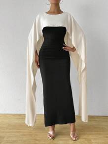 Chiquease Color Block Cape Shawl 2 In 1 Splicing Dress - Black - View 6