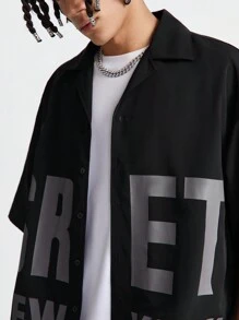 Manfinity RebelGame Camicia smanicata a manica corta da uomo in tessuto a trama larga con stampa inglese, adatta per l'estate - nero - Visualizzare 7
