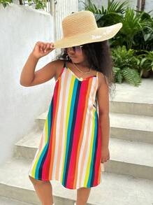 SHEIN Leap Crew Tween Girl Casual Loose Rainbow Striped Adjustable Strap Dress - Multicolor - View 1
