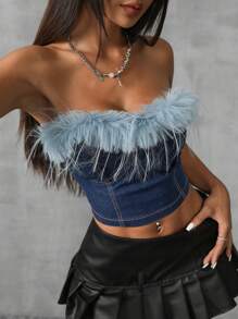 SHEIN BAE 毛茸茸邊緣牛仔布管狀上衣，派對必備 - 深色水洗藍 - 查看 1