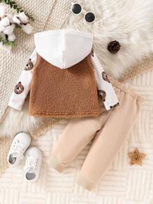 3 piezas/Conjunto Conjunto informal para vacaciones/invierno para niños pequeños con parte superior de manga larga con estampado de osos lindos, chaleco con capucha de color bloque esponjoso y pantalón de chándal