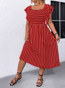 SHEIN LUNE Plus Striped Print Ruffle Trim Dress - Red - View 5