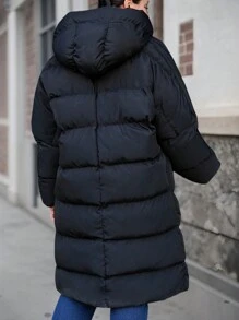 RueChic Plus Solid Zip Up Hooded Puffer Coat, For Winter - Black - View 2