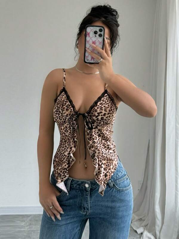 Islaluna Blusa con volantes con borde de encaje y estampado de leopardo y flores con nudo delantero para mujer, camiseta con estampado gráfico de guepardo para mujer