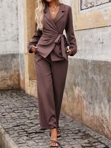 SHEIN Clasi Lapel Neck Knot Side Blazer & Wide Leg Pants - Purple - View 3