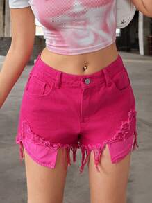 SHEIN Shorts de Denim com Bainha Crua Rasgada para Adolescentes