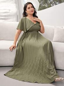 Modelyn Plus Size Women's Solid Color V-Neck Ruffled Short Sleeve Waist Tie Elegant Dress, Summer - Olive Green - View 3