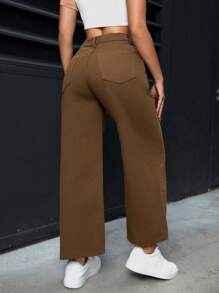 Women's Wide Leg Cropped Denim Pants - Brown - View 2