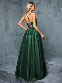 V-Neck Sexy Back-Tied 3D Floral Embroidery Mesh Patchwork Contrast Color Dress - Dark Green - View 2