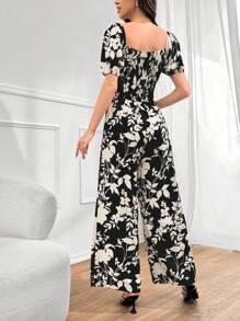 Mulvari Women's Random Printed Square Neck Puff Sleeve Jumpsuit