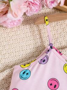 SHEIN 少女夏季可愛微笑臉紋織防火睡衣套裝，附有背心和短褲 - 黑與白 - 查看 4