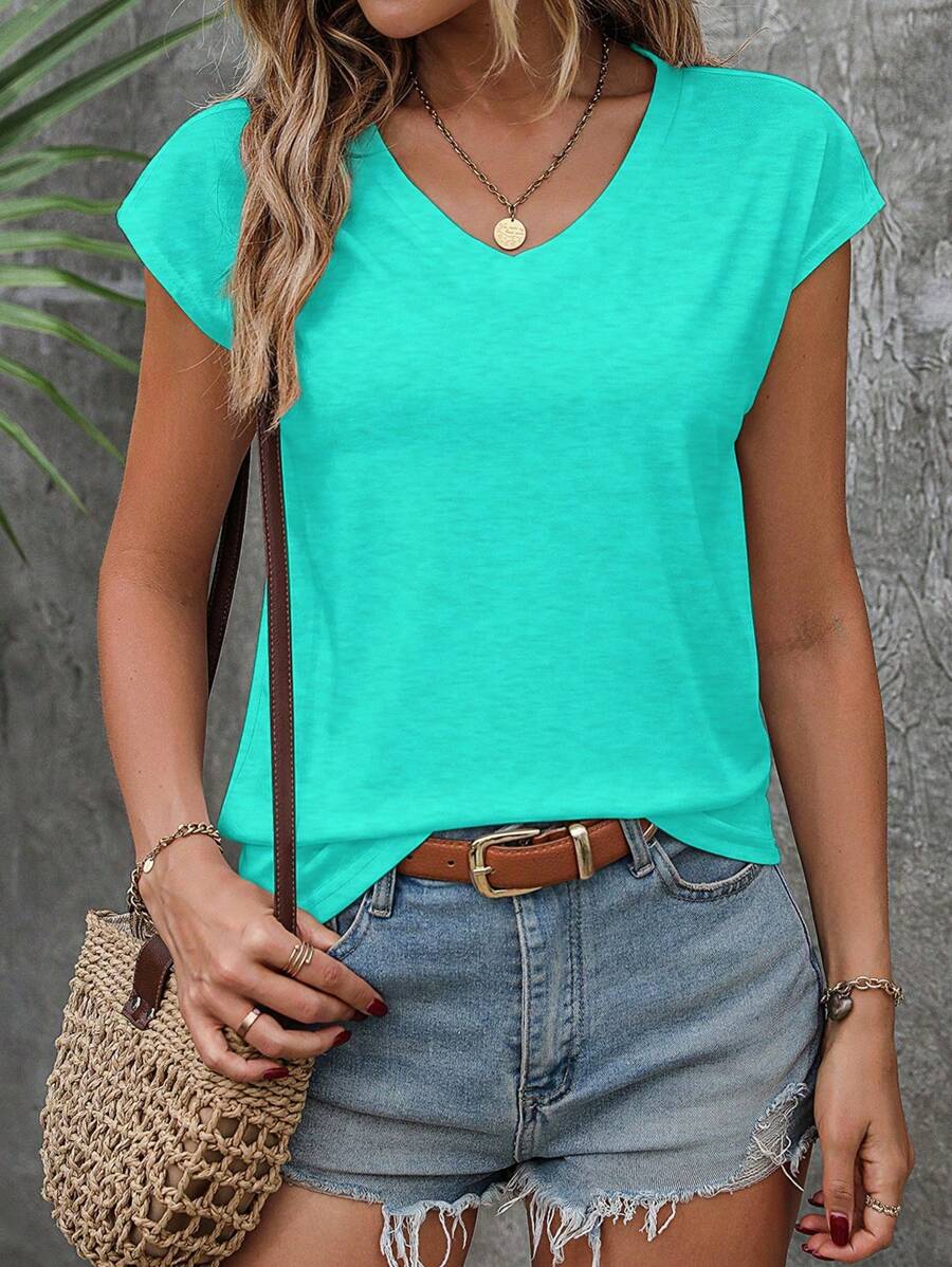 EMERY ROSE Women's Solid Color V-Neck Short Sleeve Casual T-Shirt, Summer - Baby Blue - View 1