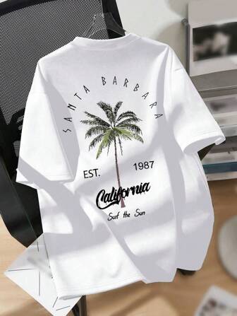 Tween Boys Casual Vintage Palm Tree Print Short Sleeve Round Neck T-Shirt, Suitable For Everyday Wear, Spring/Summer