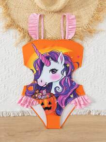 Tween Girl's Cartoon Printed One-Piece Swimsuit With Spaghetti Straps, Ruffle Detailing And Open Back - Multicolor - View 5