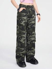 ROMWE Camo Print Flap Pocket Cargo Jeans, School - Multicolor - View 3