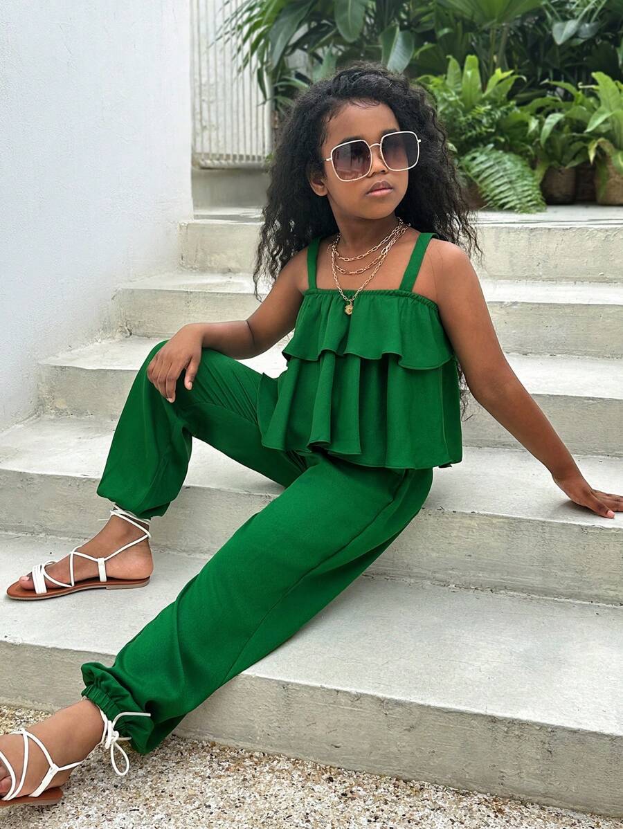 SHEIN Leap Crew SLAYR Tween Girl 女童日常休闲纯色编织细肩带背心，搭配松紧腰九分裤 - 綠色 - 查看 1