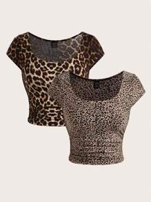 SHEIN Essnce Summer Casual Leopard Print Crew Neck Women's Slim Fit T-Shirt Inside Out Airport Outfit Teacher T-Shirt Back To School T-Shirt Old Money Style Outfits Going Out Top,2pcs