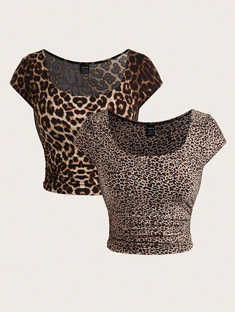 SHEIN Essnce Summer Casual Leopard Print Crew Neck Women's Slim Fit T-Shirt Inside Out Airport Outfit Teacher T-Shirt Back To School T-Shirt Old Money Style Outfits Going Out Top,2pcs