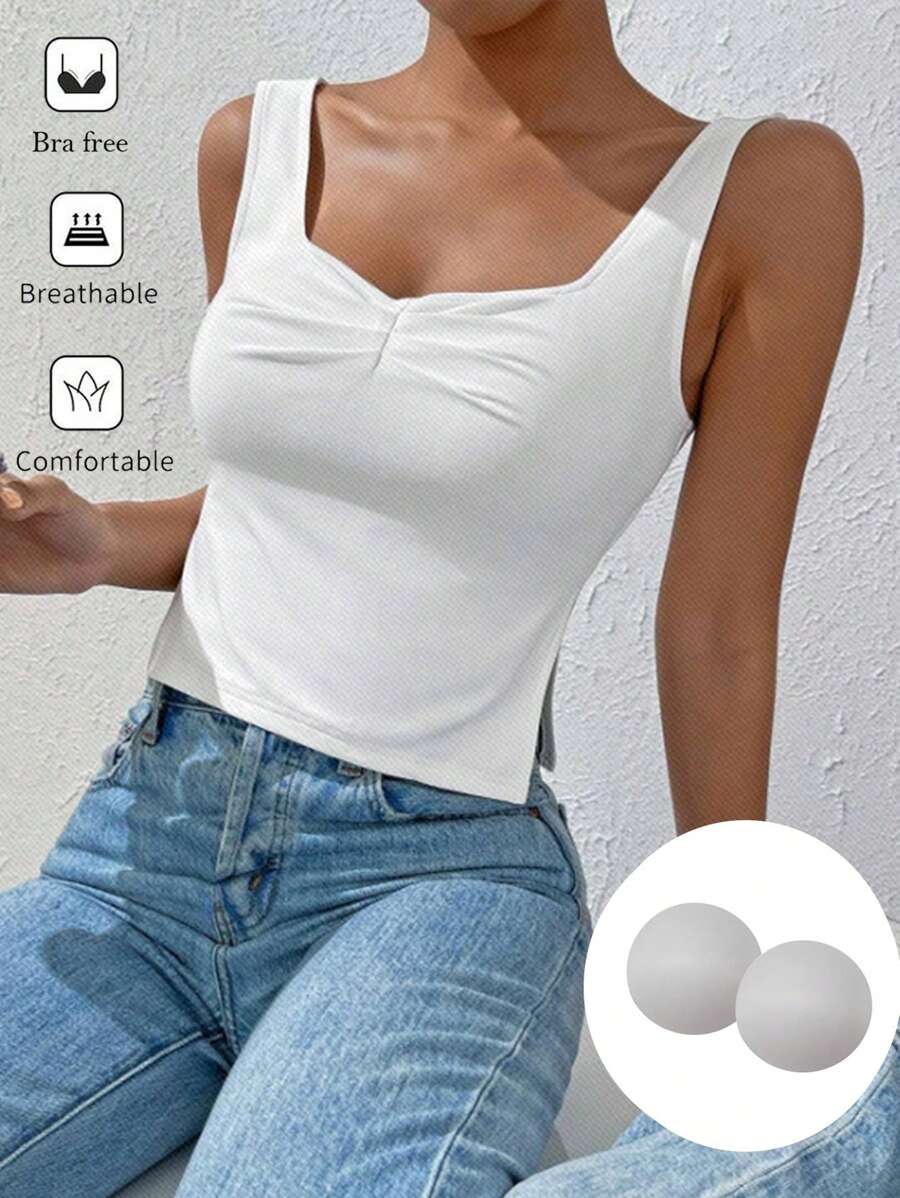 SHEIN Essnce 夏季無袖上衣，內置可拆卸胸墊，闊肩帶，前褶皺和側面開叉 - 白色 - 查看 1