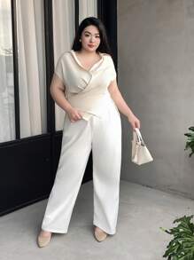 SHEIN Clasi Plus Solid Asymmetrical Hem Blouse - Apricot - View 5
