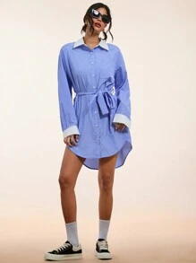 Forever 21 通勤衬衫裙 拼接领 - 藍色 - 查看 6