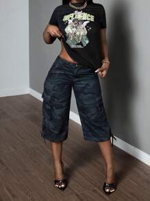 SHEIN Slayr 低腰迷彩七分直筒牛仔裤