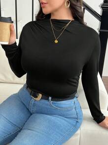 SHEIN Frenchy Plus Size Mock Neck Ruched Slim Fit Tee Fall - Black - View 1