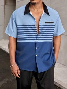 Manfinity Homme Camisa de verano para hombre con estampado de rayas y mangas cortas