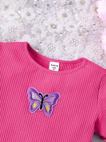 SHEIN Tween Girl Basic Casual Knit Round Neck Dress With Butterfly Patch, Spring/Summer - Hot Pink - View 4