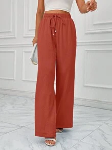 SHEIN Essnce Women's Plain Simple Daily Regular Pants With Tie, Casual - Orange - View 3