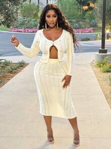 Slaydiva Autumn And Winter Casual Simple Home Deep V-Neck Long-Sleeved Front And Middle Hem Slit Top Slim-Fitting Back Hem High Slit Skirt Wide Ribbed Woolen Khaki Apricot Women's Sweater Two-Piece Set-A
