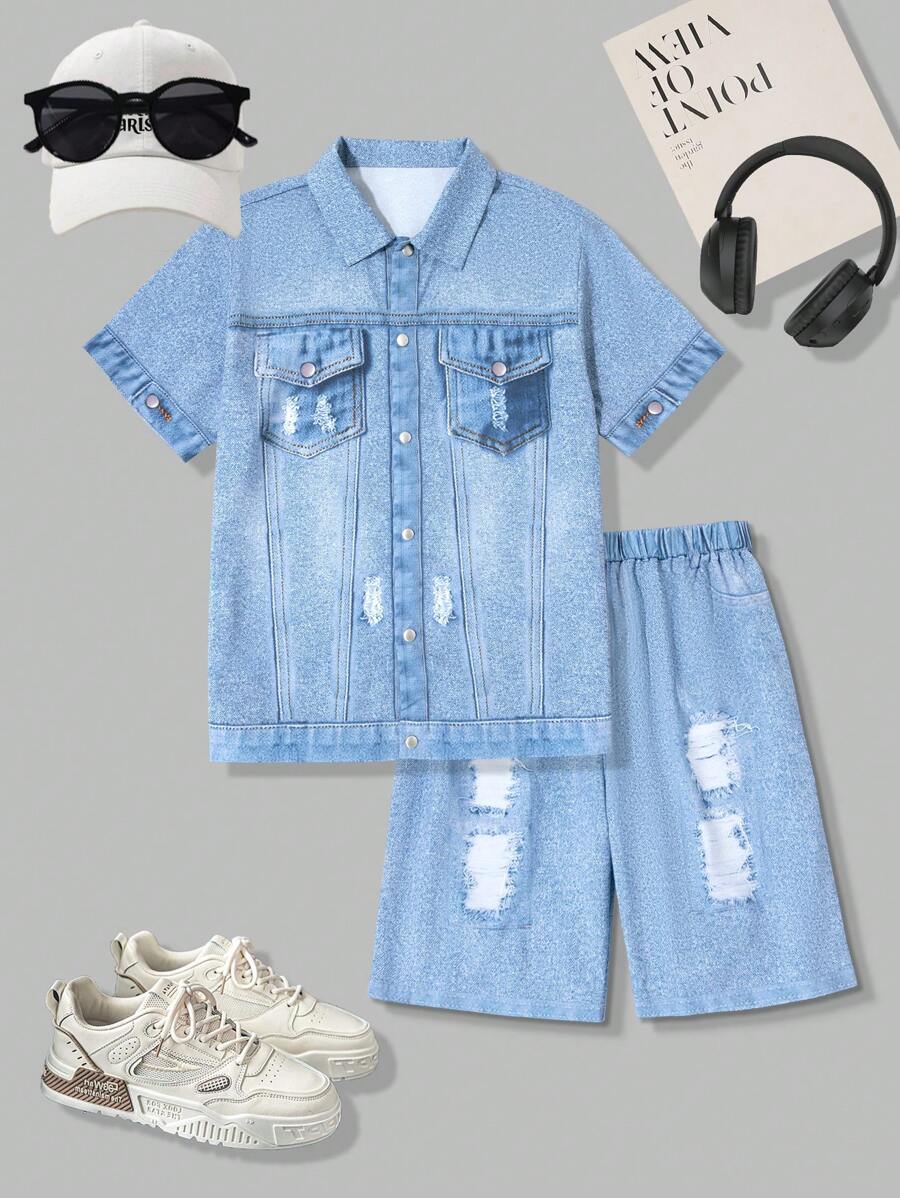 SHEIN Tween Boy Fashionable Shirt And Shorts Set - Blue - View 1