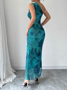 Selianne 女士奢华晚礼服，扎染印花不对称领口无袖性感连衣裙 - 綠色 - 查看 2