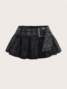 SHEIN SXY Y2k嬉皮潮流古怪龐克超低腰開叉內襯人字斜紋A字裙，帶雪花紋編織和陽光圖案扣帶的寬腰帶，雙排蜜豆鈕扣撕裂牛仔裙裙 - 黑色 - 查看 2