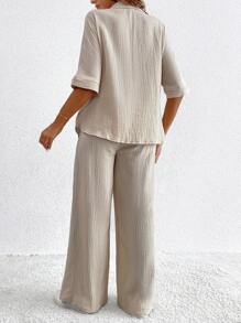SHEIN 孕婦純色短袖前扣上衣和打結休閒褲，2件套裝 - 卡其色 - 查看 2