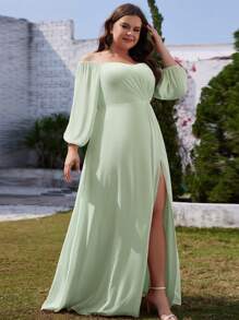 EVERPRETTY Plus Off Shoulder Lantern Sleeve High Split Sage Green Bridesmaid Dresses Spring Formal Dresses - Mint Green - View 4