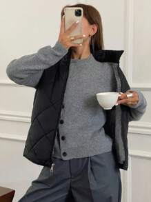 DAZY 冬季撞色饰边纽扣前部加厚外套，冬季女装，加厚外套女式夹克背心 - 黑色 - 查看 8