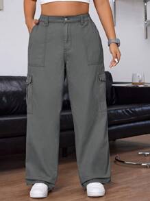 SHEIN ICON Plus Size Women's Elastic Waist Washed Denim Cargo Pants - Grey - View 1