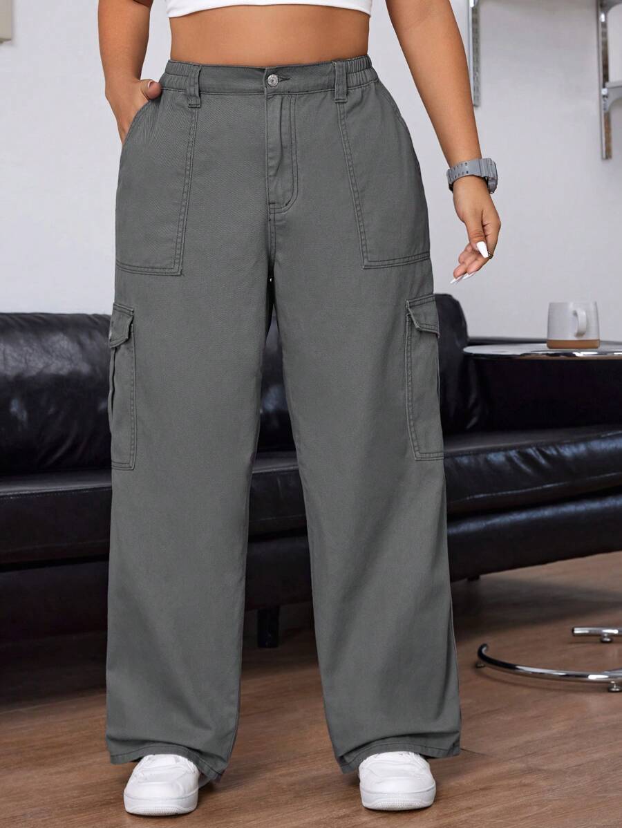 SHEIN ICON Plus Size Women's Elastic Waist Washed Denim Cargo Pants - Grey - View 1