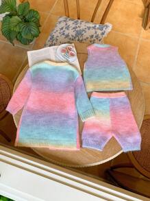 SHEIN 寶寶女孩可愛彩色漸變長外套短褲背心3件套裝，秋冬休閒裝