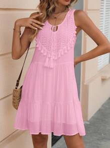 Breezaya Solid Color Sleeveless Ruffle Trim Tie Front Pleated Dress, Casual & Vacation - Pink - View 5