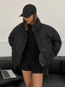 DAZY 女士纯色简约长袖羽绒服，适合日常穿着，冬季女装，女士冬装外套，保暖内衬夹克 - 黑色 - 查看 3