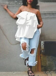 INAWLY Blusa de mujer de verano casual de unicolor con volantes y sin tirantes - Blanco - Ver 4