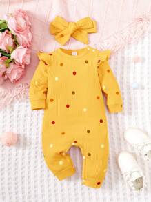 SHEIN 女婴圆领卡通波点印花短袖连体衣，带荷叶边装饰 - 黃色 - 查看 1
