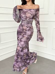 Modelyn 女式露肩花卉印花紧身连衣裙，长袖长款晚礼服 - 淺灰紫 - 查看 3